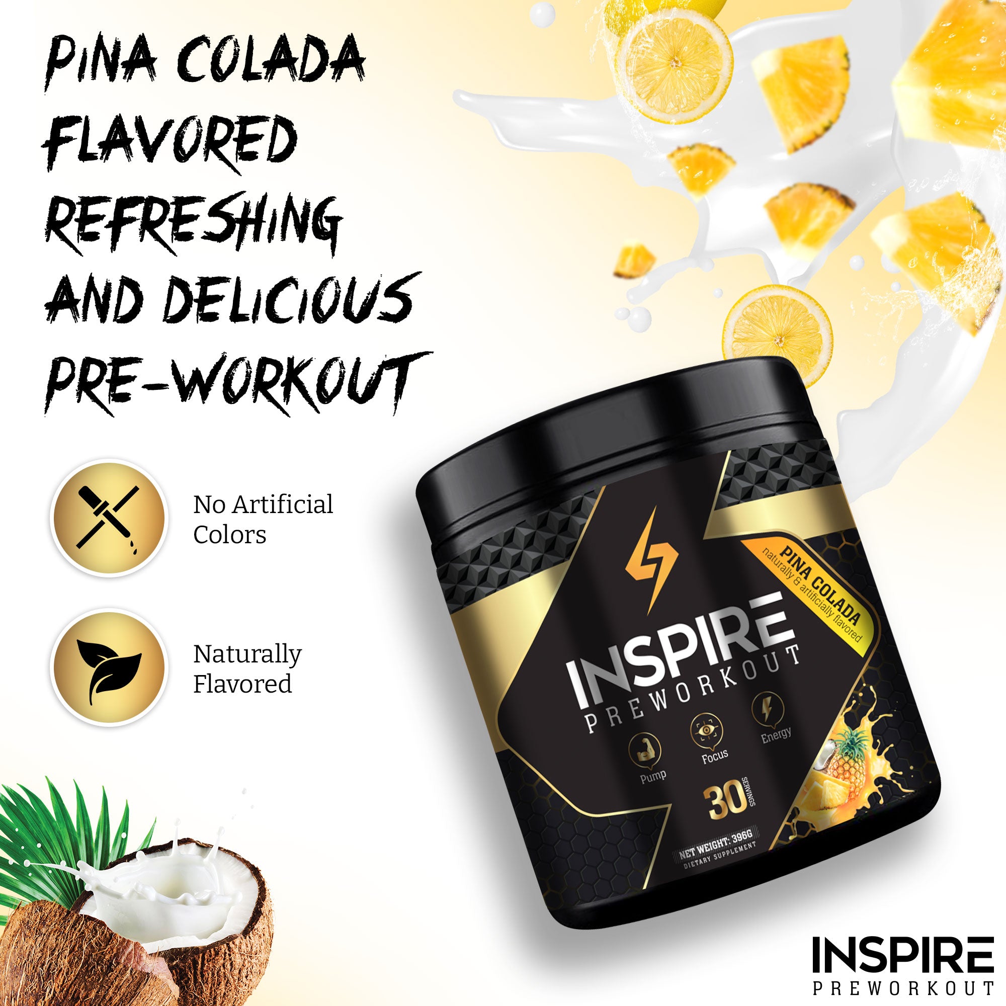 Inspire Pre-Workout, for Men and Women w/ 2:1 6g Citrulline Malate, L-Arginine, Beta Alanine, More, 30 Servings (Pina Colada)