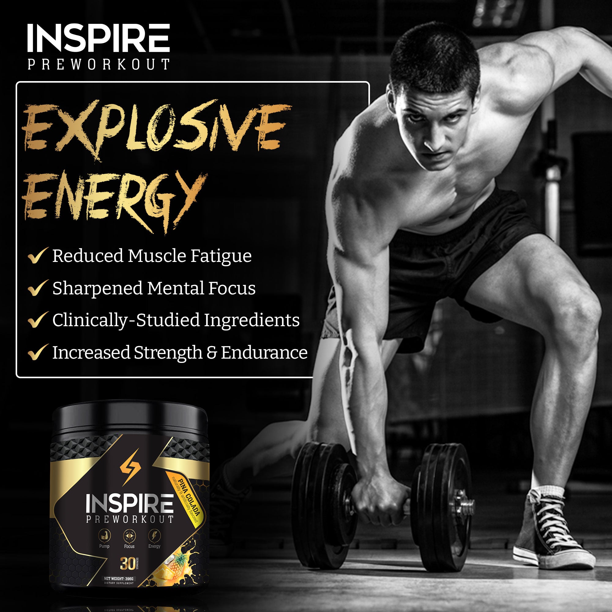 Inspire Pre-Workout, for Men and Women w/ 2:1 6g Citrulline Malate, L-Arginine, Beta Alanine, More, 30 Servings (Pina Colada)