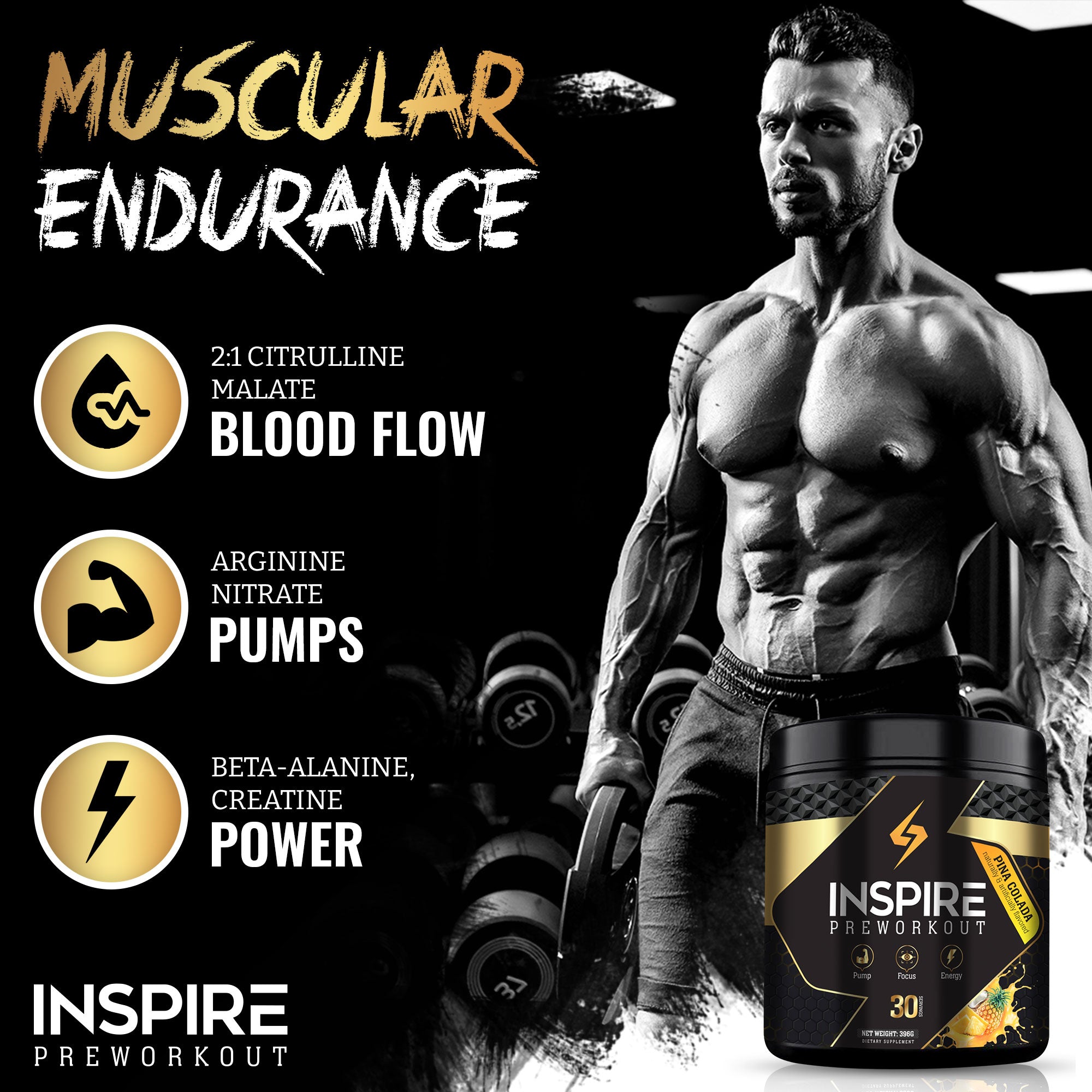 Inspire Pre-Workout, for Men and Women w/ 2:1 6g Citrulline Malate, L-Arginine, Beta Alanine, More, 30 Servings (Pina Colada)