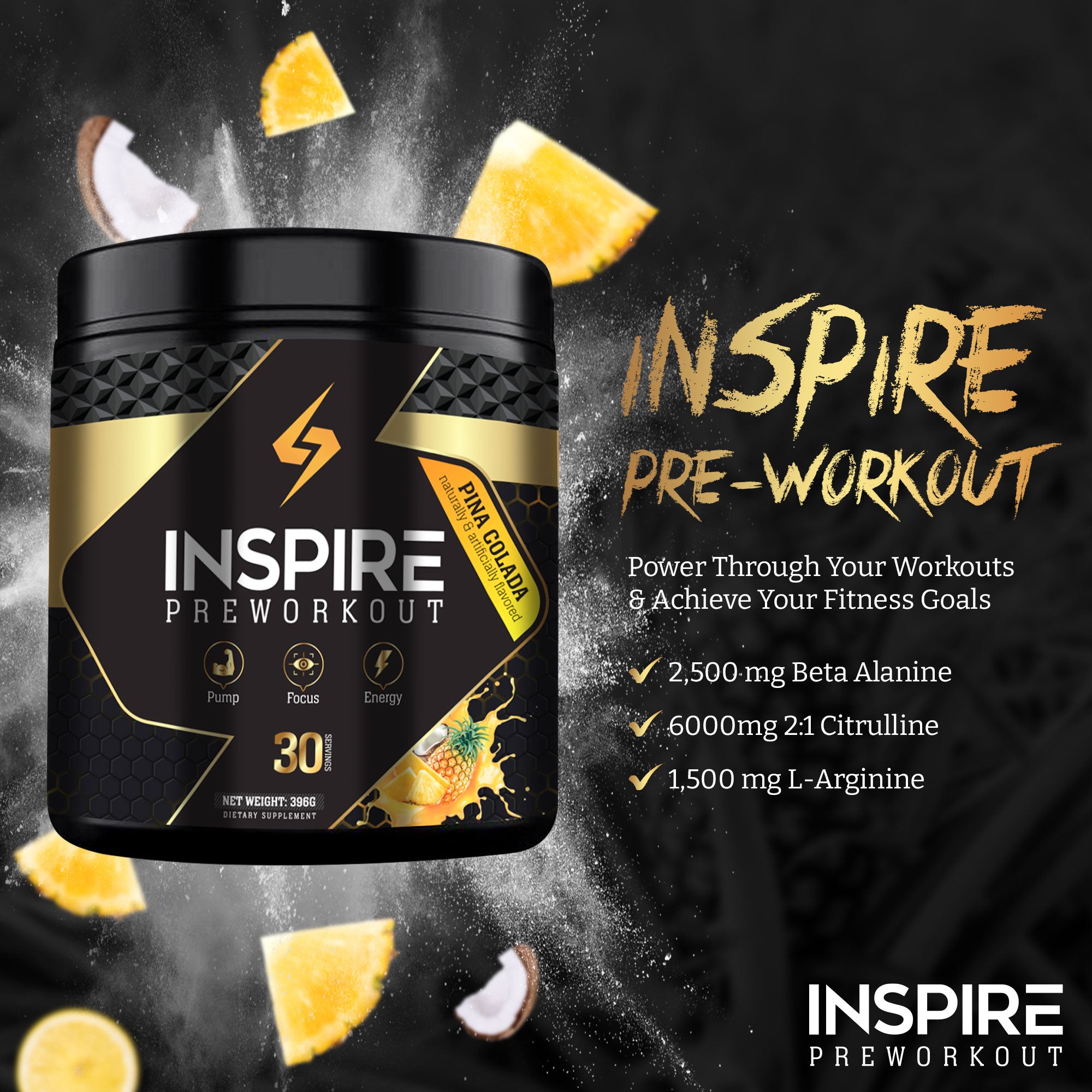 Inspire Pre-Workout, for Men and Women w/ 2:1 6g Citrulline Malate, L-Arginine, Beta Alanine, More, 30 Servings (Pina Colada)